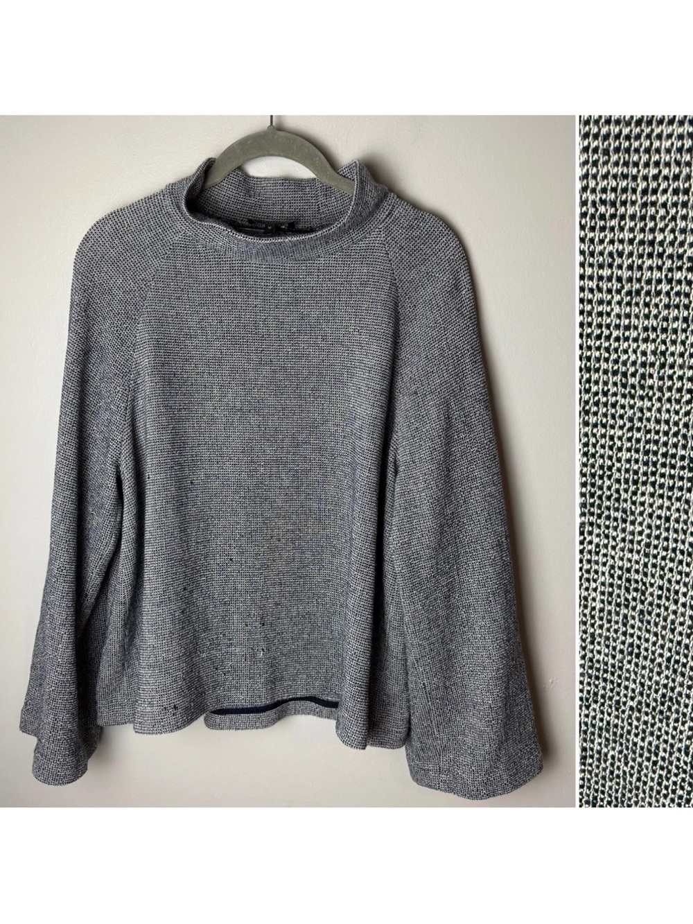 Theory Mock Neck Raglan Top Size Medium Gray Textured Knit Pullover Stretch
